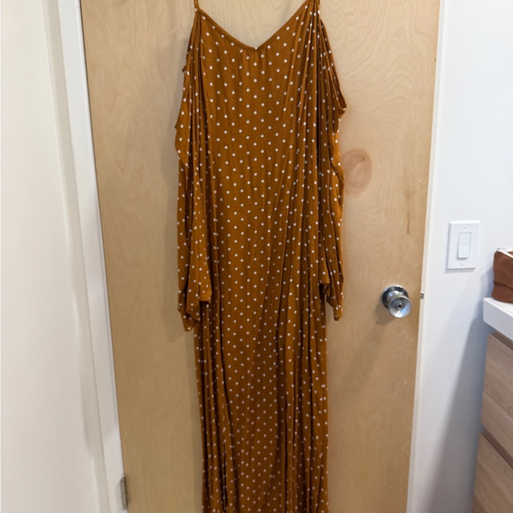 Xhilaration Brown Mustard Polka Dot Cold-Shoulder Maxi Dress